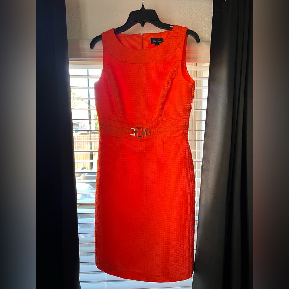 Tahari ASL Bold Orange Belted Midi Dress